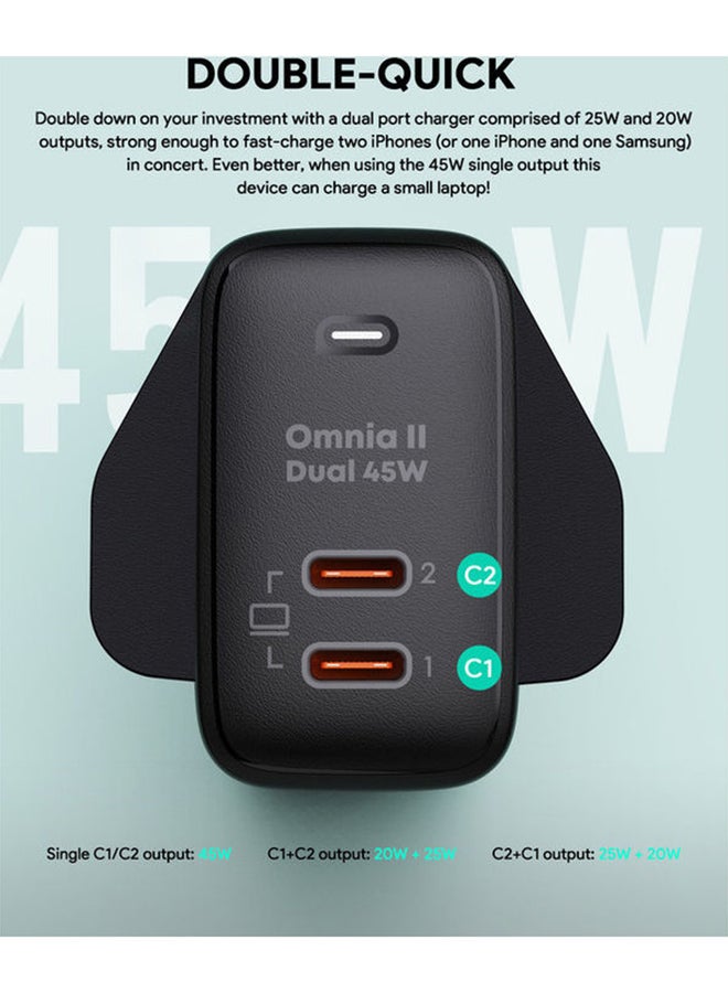 Aukey - Omnia II Duo 45W PD Wall Charger with GaN Power Technology PA-B4T Black - Image 1