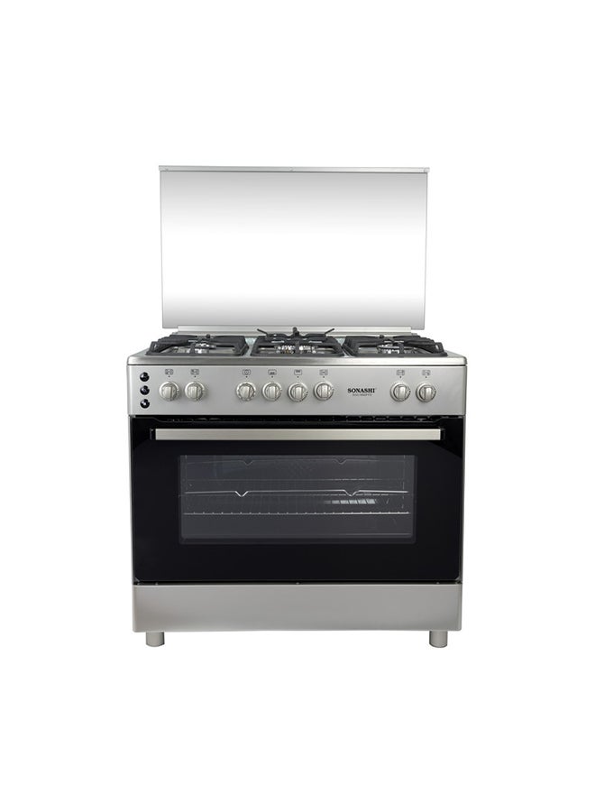 SONASHI 90 x 60 Free Standing Gas Oven - Stainless Steel Top Table | 5 Burners with Large Oven | Full Ignition Both Hob and Oven Parts | Double Oven Lamp and Chicken Rotisserie SGO-9060FFD Silver/Black  - Image 1