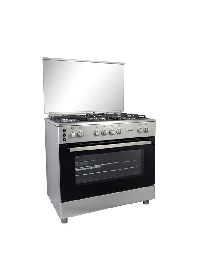 SONASHI 90 x 60 Free Standing Gas Oven - Stainless Steel Top Table | 5 Burners with Large Oven | Full Ignition Both Hob and Oven Parts | Double Oven Lamp and Chicken Rotisserie SGO-9060FFD Silver/Black  - Image 3