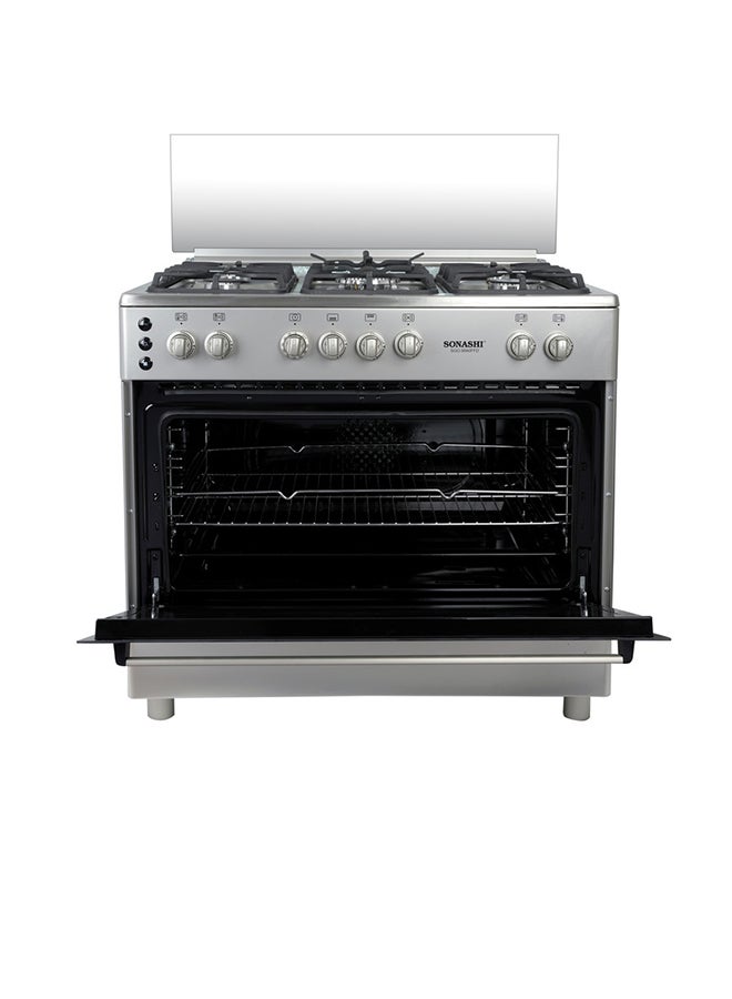 SONASHI 90 x 60 Free Standing Gas Oven - Stainless Steel Top Table | 5 Burners with Large Oven | Full Ignition Both Hob and Oven Parts | Double Oven Lamp and Chicken Rotisserie SGO-9060FFD Silver/Black  - Image 2