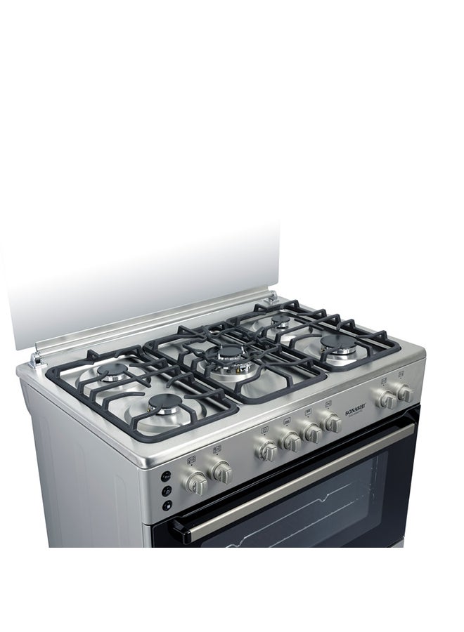 SONASHI 90 x 60 Free Standing Gas Oven - Stainless Steel Top Table | 5 Burners with Large Oven | Full Ignition Both Hob and Oven Parts | Double Oven Lamp and Chicken Rotisserie SGO-9060FFD Silver/Black  - Image 4