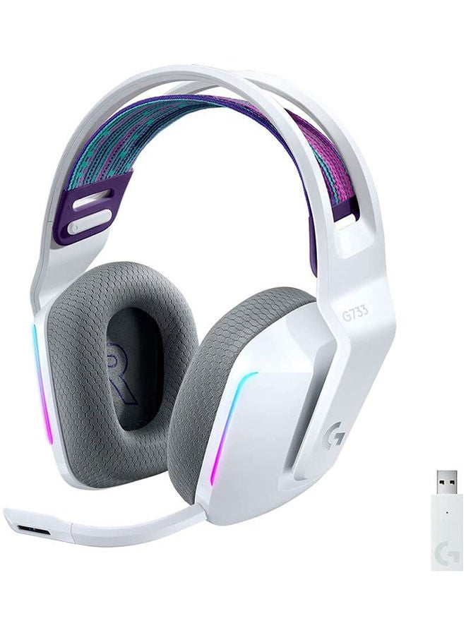 لوجيتيك سماعة الألعاب اللاسلكية Logitech G733 LIGHTSPEED مع عصابة رأس للتعليق، LIGHTSYNC RGB، تقنية ميكروفون Blue VO!CE ومحركات صوت PRO-G، خفيفة الوزن، عمر بطارية 29 ساعة، نطاق 20 مترًا - أبيض  - Image 1