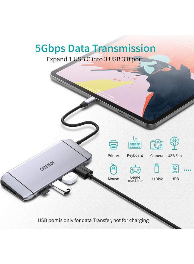 محول 9 في 1 متعدّد المنافذ بمنفذ USB-C لجهاز أبل ماك بوك والأجهزة المتوافقة مع منفذ Type-C رمادي