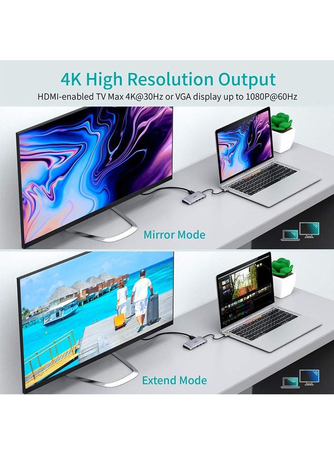 محول 9 في 1 متعدّد المنافذ بمنفذ USB-C لجهاز أبل ماك بوك والأجهزة المتوافقة مع منفذ Type-C رمادي