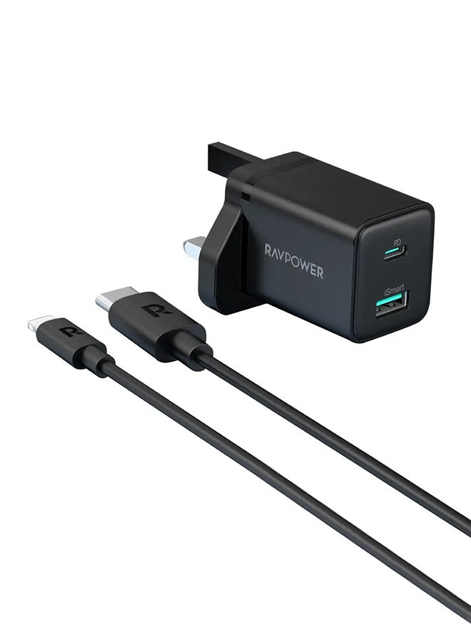 RAVPOWER MFi Certified Dual Ports Wall Charger With Type C To Lightning Charging Cable Black  - Image 1