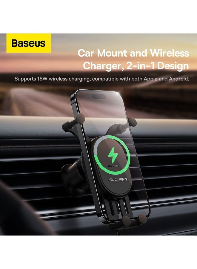 Baseus Wireless Car Charger Mount, Gravity Type 15W Max Qi Fast Charging Car Air Vent Applicable for iPhone 14, 13, 12, 11, X and 8 Series Samsung, Huawei, Xiaomi Black - Image 3