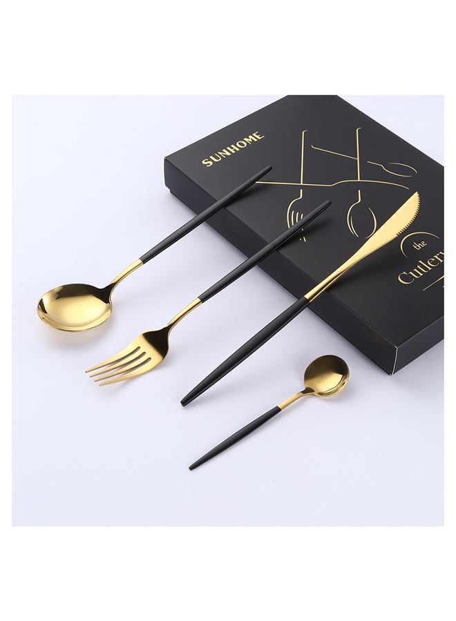 Sunhome - 4-Piece Stainless Steel Dinnerware Fork,Spoon And Knife Cutlery Set Gold/Black - Image 1