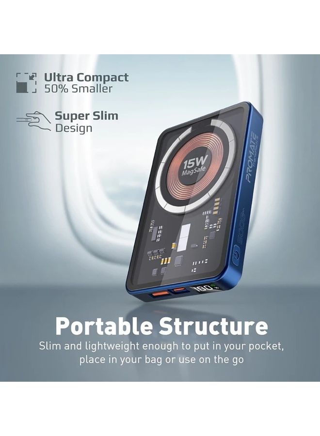 PROMATE - 5000.0 mAh 5000mAh Transparent 15W MagSafe Wireless Charging Power Bank Blue - Image 1