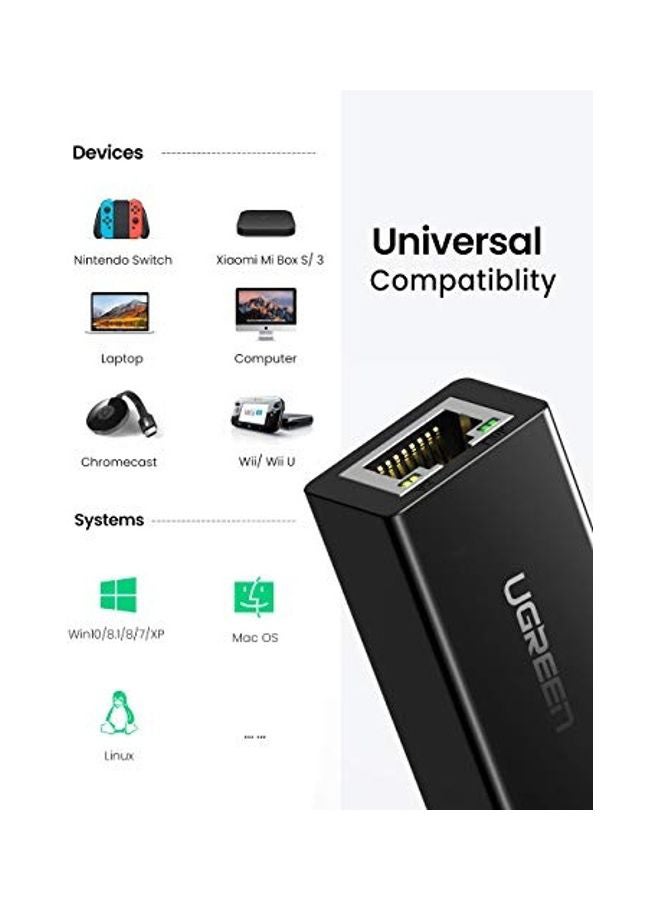 يو جرين - محول إيثرنت سلكي من USB 2.0 إلى RJ45 بسرعة 100/10 ميجابت في الثانية لشبكة LAN أسود - Image 1