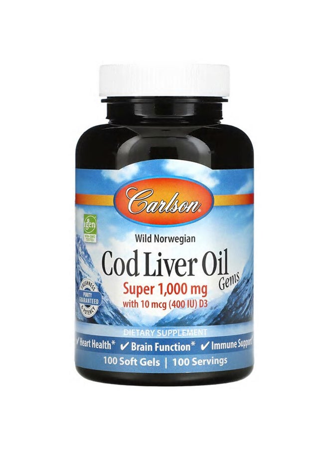Carlson Labs Wild Norwegian Cod Liver Oil Gems - 100 Softgels 1,000 mg  - Image 1
