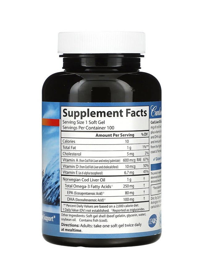 Carlson Labs Wild Norwegian Cod Liver Oil Gems - 100 Softgels 1,000 mg  - Image 2