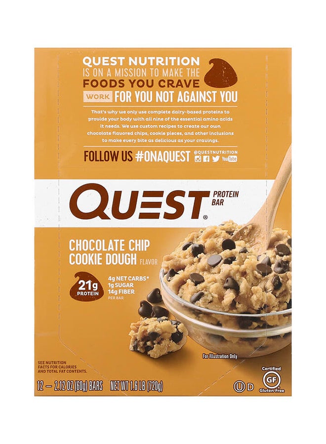 QUEST NUTRITION 12-Piece Protein Bar - Chocolate Chip Cookie Dough 12 Bars, 2.12 oz (60 g) Each  - Image 1
