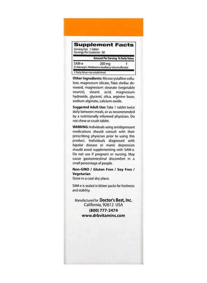 Doctor's BEST SAM-e Dietary Supplement 200 mg - 60 Enteric Coated Tablets  - Image 2