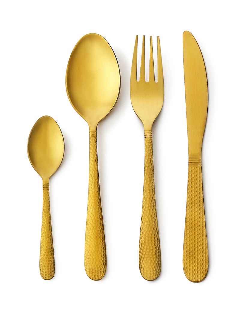 Amal - 16 Pc Set 16 Piece Cutlery Set - Made Of Stainless Steel - Silverware Flatware - Spoons And Forks Set, Spoon Set - Table Spoons, Tea Spoons, Forks, Knives - Serves 4 - Design Gold Aster Gold Aster - Image 1