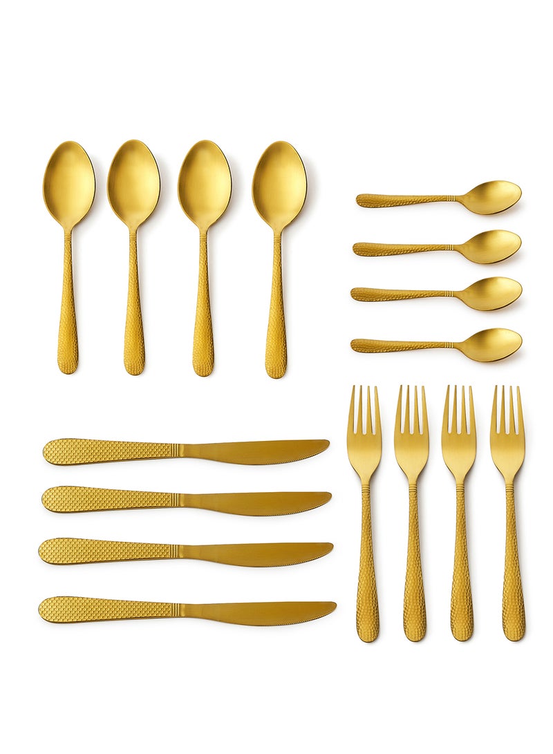 Amal - 16 Pc Set 16 Piece Cutlery Set - Made Of Stainless Steel - Silverware Flatware - Spoons And Forks Set, Spoon Set - Table Spoons, Tea Spoons, Forks, Knives - Serves 4 - Design Gold Aster Gold Aster - Image 1