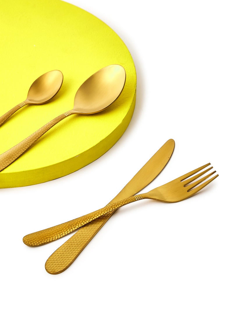Amal - 16 Pc Set 16 Piece Cutlery Set - Made Of Stainless Steel - Silverware Flatware - Spoons And Forks Set, Spoon Set - Table Spoons, Tea Spoons, Forks, Knives - Serves 4 - Design Gold Aster Gold Aster - Image 1
