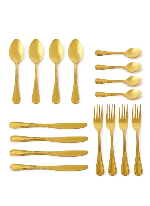 16 Pc Set 16 Piece Cutlery Set - Made Of Stainless Steel - Silverware Flatware - Spoons And Forks Set, Spoon Set - Table Spoons, Tea Spoons, Forks, Knives - Serves 4 - Design Gold Mallow Gold Mallow