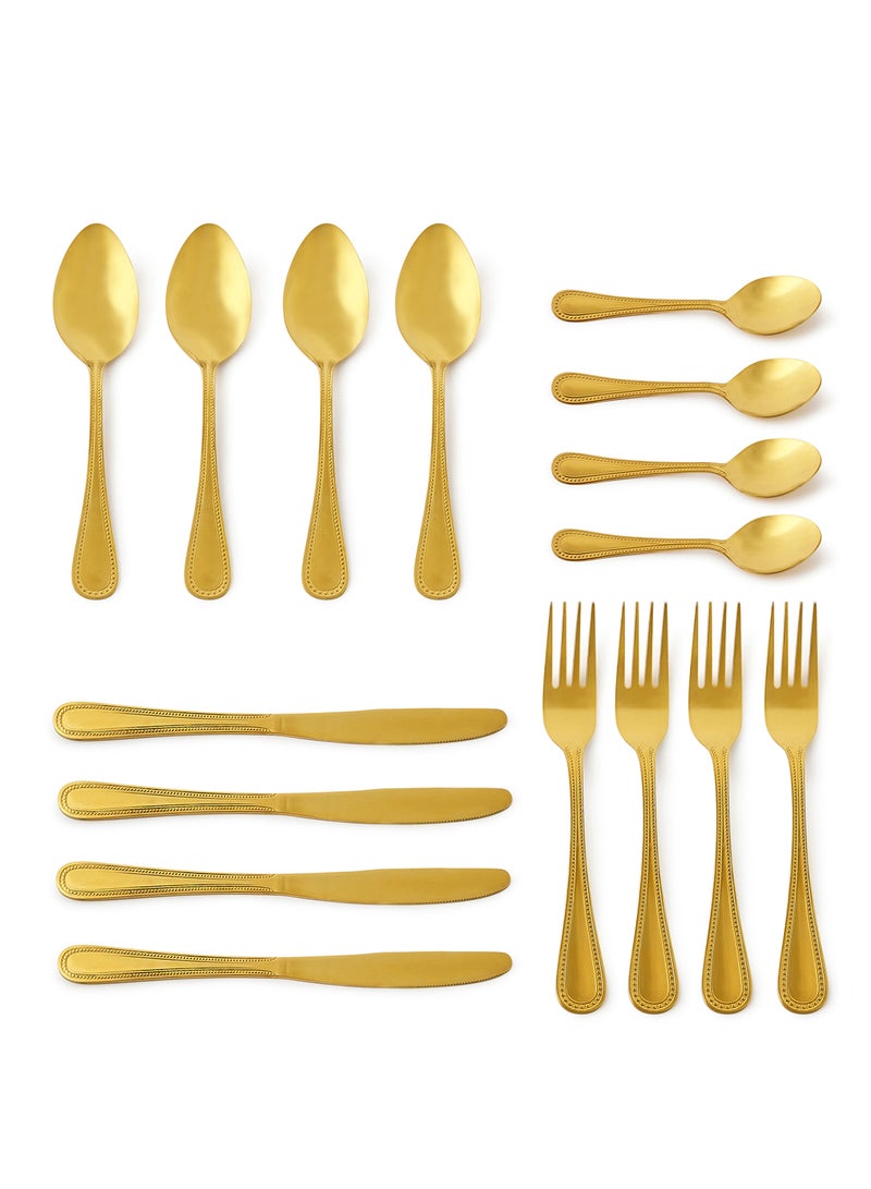 Amal - 16 Pc Set 16 Piece Cutlery Set - Made Of Stainless Steel - Silverware Flatware - Spoons And Forks Set, Spoon Set - Table Spoons, Tea Spoons, Forks, Knives - Serves 4 - Design Gold Mallow Gold Mallow - Image 1