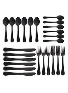 24 Pc Set 24 Piece Cutlery Set - Made Of Stainless Steel - Silverware Flatware - Spoons And Forks Set, Spoon Set - Table Spoons, Tea Spoons, Forks, Knives - Serves 6 - Design Black Flowrish Black Flowrish