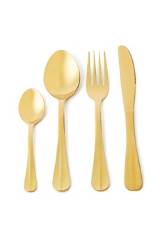16 Pc Set 16 Piece Cutlery Set - Made Of Stainless Steel - Silverware Flatware - Spoons And Forks Set, Spoon Set - Table Spoons, Tea Spoons, Forks, Knives - Serves 4 - Design Gold Flowrish Gold Flowrish