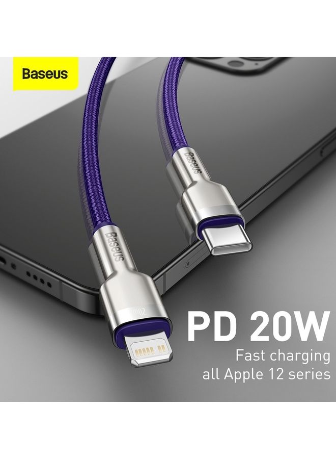 Baseus - USB C to Lightning Braided Nylon Fast Charging Data Transfer Cable 20W Power Delivery for iPhone 14/ 14 Pro Max/ 13 Pro/13 Pro Max/13/13 mini/ iPad 9/ 12 mini/12/12 Pro and All Lightning Series Silver/Purple - Image 1