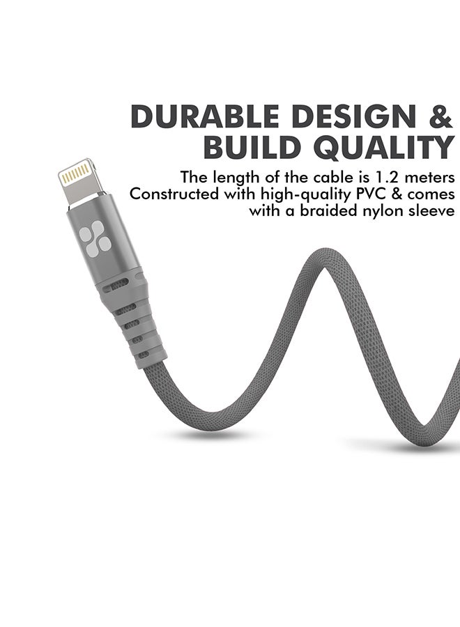 PROMATE - USB Cable, Apple MFi Certified Nylon Braided USB 1.2m Cord with 2.4A Fast Sync Charge Cable, Anti-Tangle Design and Short-Circuit Protection for Apple Lightning Connector Enabled Devices, NerveLink-I Grey - Image 1