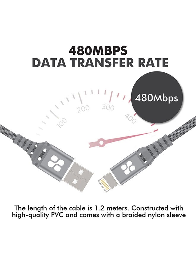 PROMATE - USB Cable, Apple MFi Certified Nylon Braided USB 1.2m Cord with 2.4A Fast Sync Charge Cable, Anti-Tangle Design and Short-Circuit Protection for Apple Lightning Connector Enabled Devices, NerveLink-I Grey - Image 1