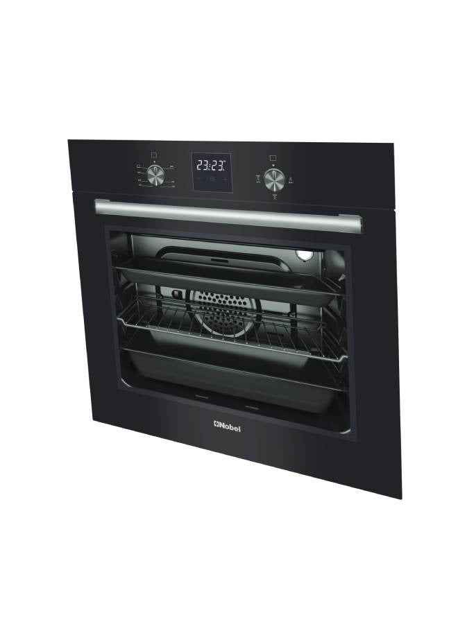60 cm Gas Oven + Fan, Elegant Black Glass Design, Automatic Ignition, Auto Cooling Fan, Touch Digital Reminder, Thermostatic Control with FFD, Convenient Detachable Side Wire Racks, Inox Capped Knobs, Aluminium Handle, Enamelled Cavity NBI63020 Black