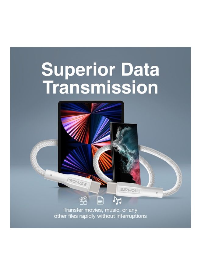 USB-C to USB-C Cable, Premium 60W Power Delivery Fast Charging Type-C Cable with 480Mbps Data Sync and 100cm Anti-Tangle Silicone Cord for Samsung Galaxy S25, iPad Air, Dell XPS 13, XCord-CC. - White