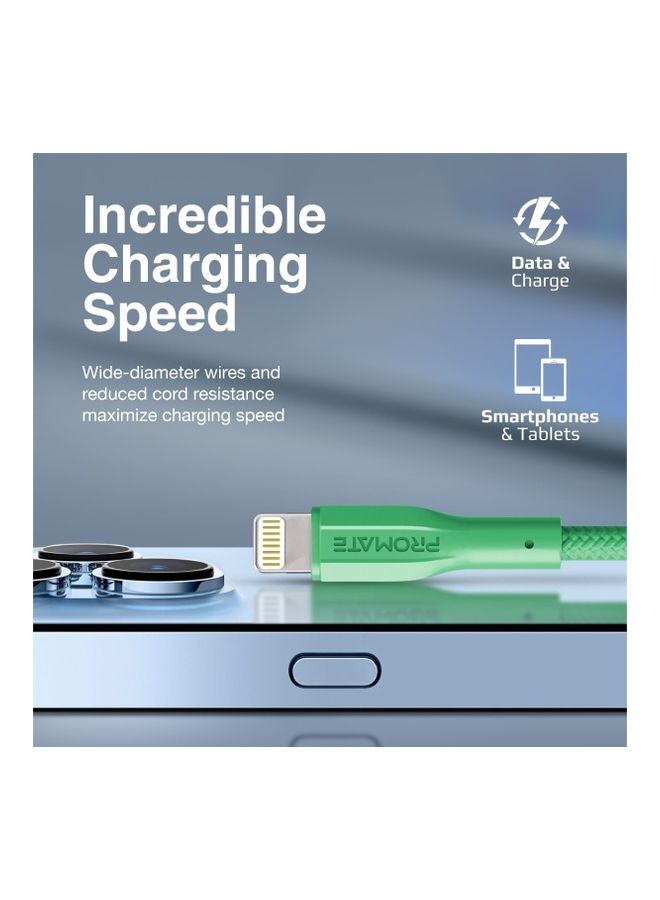 PROMATE USB-A to Lightning Cable, Durable 10W USB-A to Lightning Charger with 480 Mbps Data Transfer, 10000 Bend Test and 100 cm Anti-Tangle Silicone Cord for iPhone 14, iPad, AirPods Pro, XCord-Ai Green  - Image 2