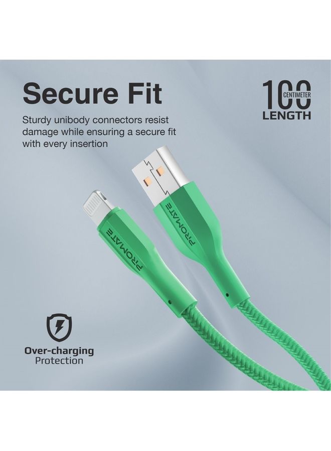 PROMATE USB-A to Lightning Cable, Durable 10W USB-A to Lightning Charger with 480 Mbps Data Transfer, 10000 Bend Test and 100 cm Anti-Tangle Silicone Cord for iPhone 14, iPad, AirPods Pro, XCord-Ai Green  - Image 4