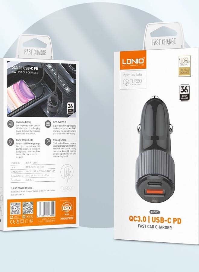 LDNIO - Dual Ports USB-A & USB-C Turbo Power Engine Car Charger With Lightning Cable Black - Image 1