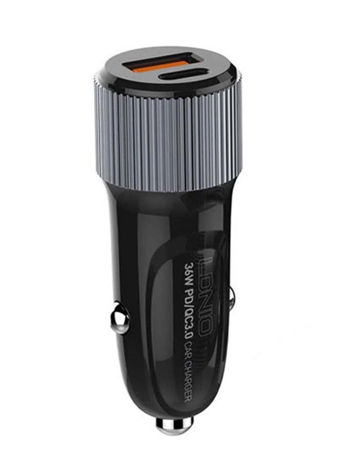 LDNIO - Dual Ports USB-A & USB-C Turbo Power Engine Car Charger With Lightning Cable Black - Image 1