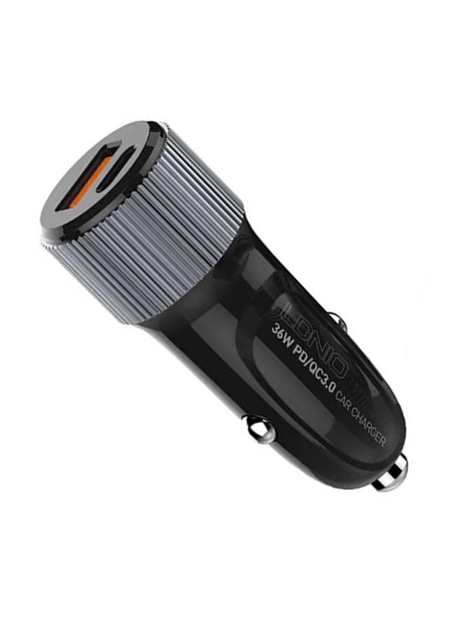 LDNIO - Dual Ports USB-A & USB-C Turbo Power Engine Car Charger With Lightning Cable Black - Image 1