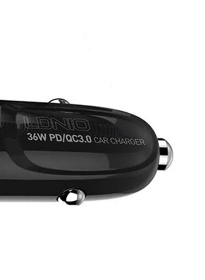 LDNIO - Dual Ports USB-A & USB-C Turbo Power Engine Car Charger With Lightning Cable Black - Image 1