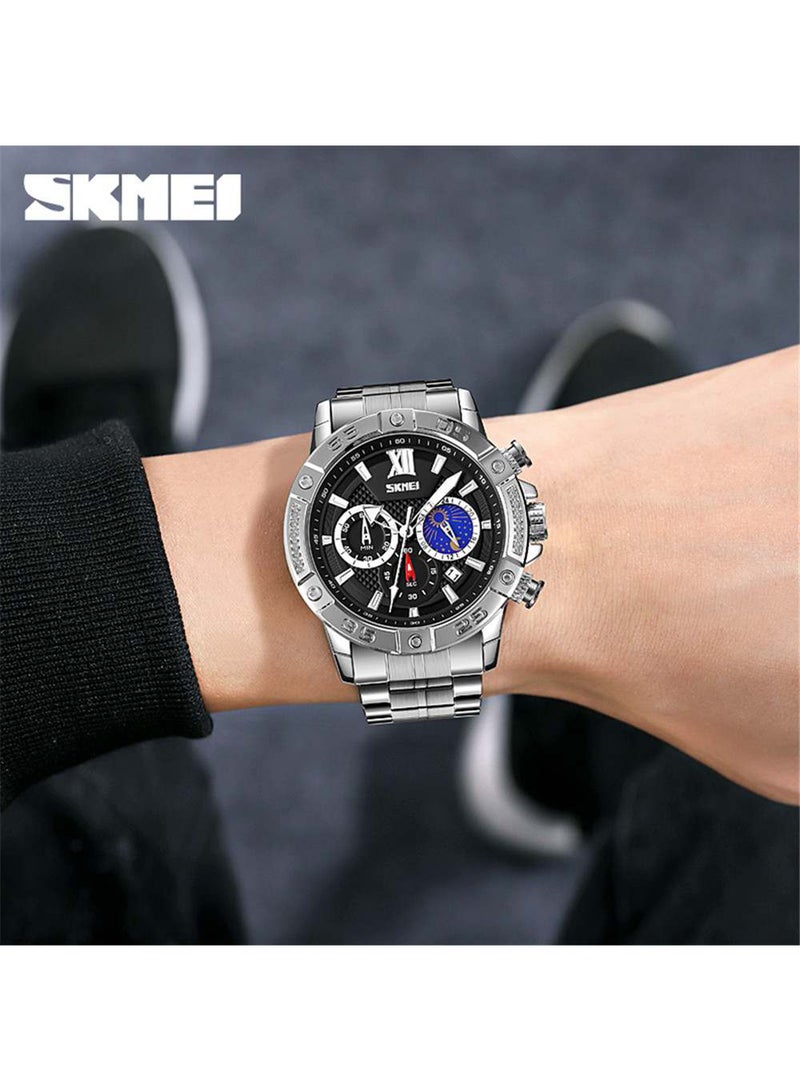 SKMEI Men's Japan Quartz Movement Top Brand Luxury Stainless Steel Moon Phase Chrono WristWatch 5329SIBU  - Image 4