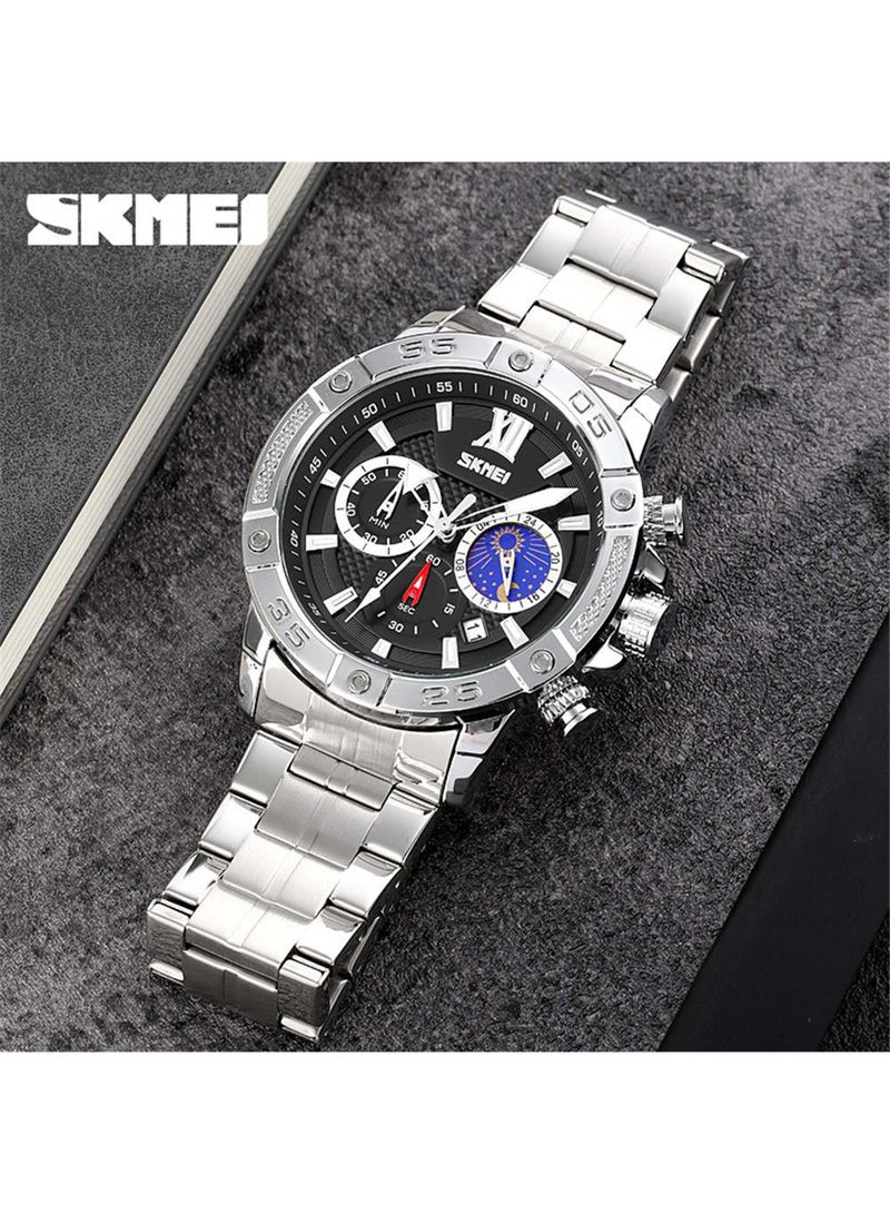 SKMEI Men's Japan Quartz Movement Top Brand Luxury Stainless Steel Moon Phase Chrono WristWatch 5329SIBU  - Image 3