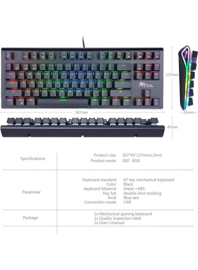 رويال كلودج - لوحة مفاتيح الألعاب الميكانيكية اللاسلكية غير القابلة للتبديل السريع RGB ذات الوضع المزدوج، مفتاح أزرق - Image 1