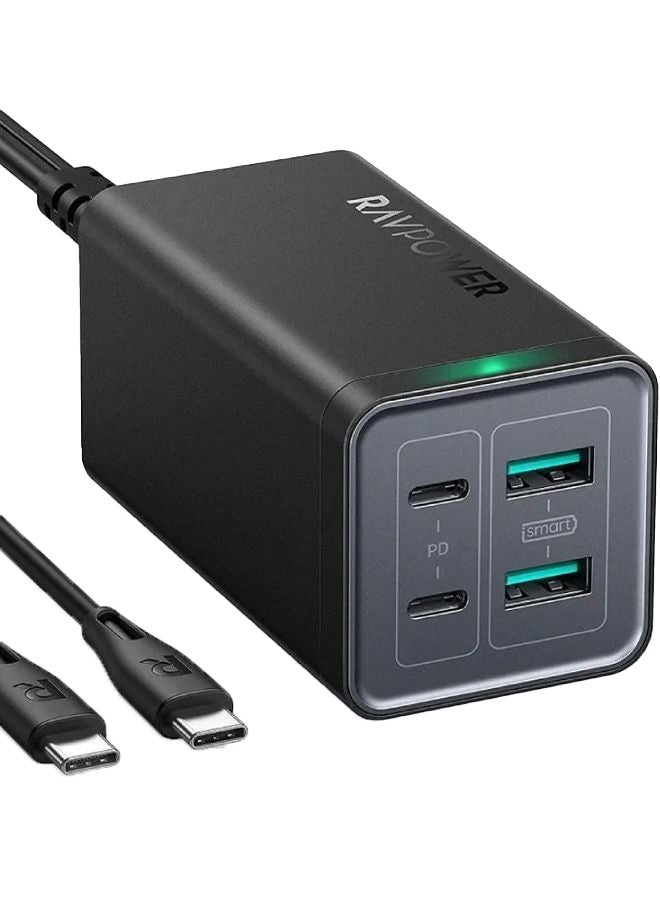 RAVPOWER PD 120W 4 Port Desktop Charger UK Version With 100W USB C Braided Cable Black  - Image 1