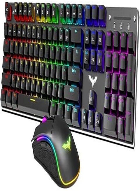Havit Kb393L Mechanical Keyboard And Mouse, Blue Switch 104 Keys Rainbow Backlit Keyboard And 7 Button Wired Mouse 4800 Dpi For Pc Computer Gamer, Black