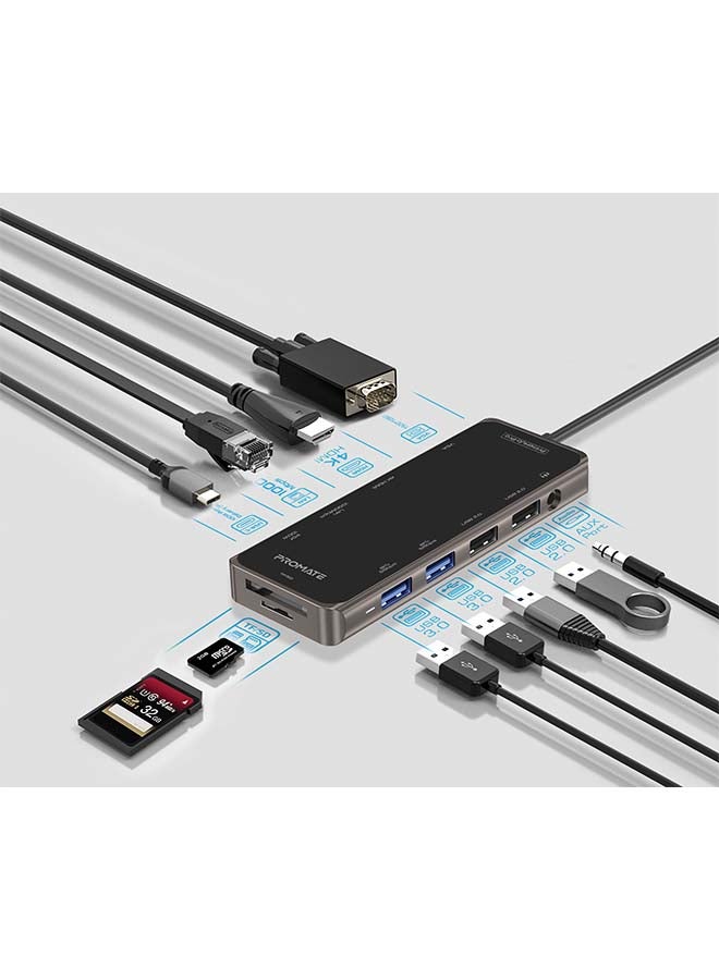 PROMATE - Promate USB-C Hub, 11-in-1 Type-C Multi-Port Adapter with 100W USB-C Power Delivery, 4K HDMI, 1080 VGA Port, RJ45 Port, AUX, TF/SD Card Slot and 4 USB Ports for MacBook Pro, MacBook Air, XPS, PrimeHub-Pro Black - Image 1