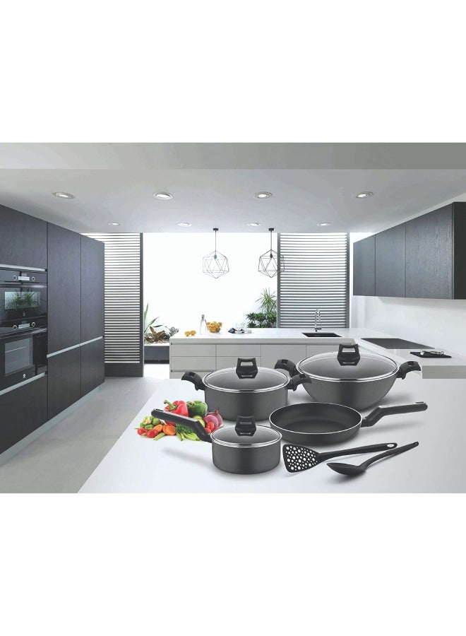 BLACK+DECKER - 9-Piece Non-Stick Cookware Set (Fry Pan, Casserole, Saucepan, Kadai, 3 Lids & 2 Spatulas) with 5 Layer PTFE Non-Stick Spray Coating BXSGS09BME Black 4.7kg - Image 1