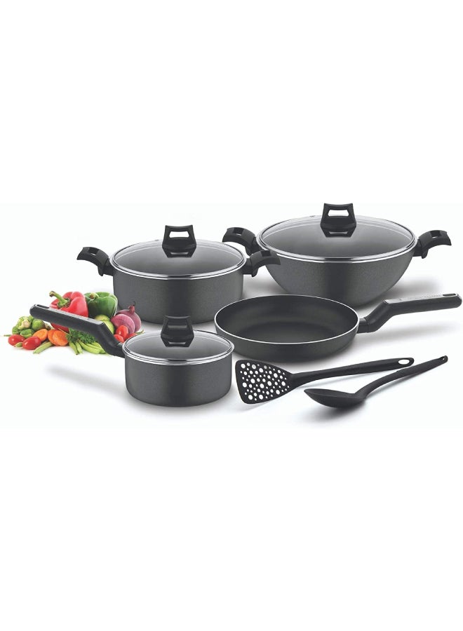 BLACK+DECKER - 9-Piece Non-Stick Cookware Set (Fry Pan, Casserole, Saucepan, Kadai, 3 Lids & 2 Spatulas) with 5 Layer PTFE Non-Stick Spray Coating BXSGS09BME Black 4.7kg - Image 1