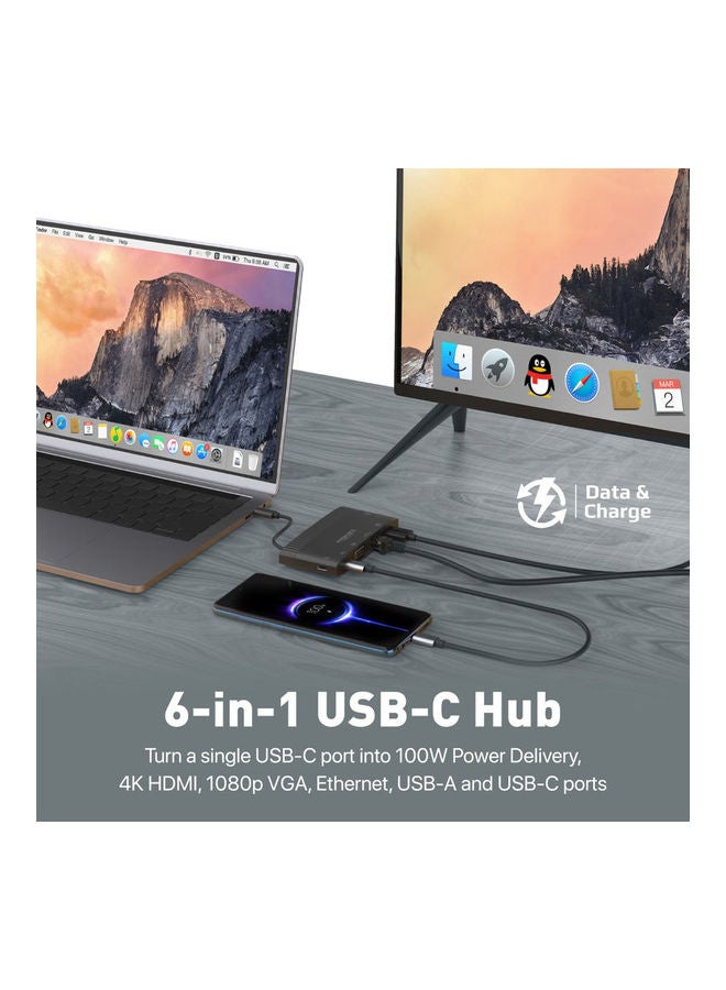 بروميت محول متعدد المنافذ HDMI 4K من USB-C Media Hub مع VGA 1080p 1000Mbps Ethernet 100W Power Delivery 5Gbps Sync Charge USB 3.0 وType-C لنظام التشغيل Windows  - Image 2