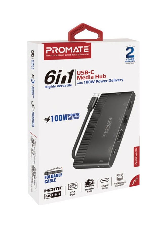 PROMATE - USB-C Media Hub Premium 4K HDMI Multiport Adapter With 1080p VGA 1000Mbps Ethernet 100W Power Delivery 5Gbps Sync Charge USB 3.0 And Type-C Ports For Windows OS Black - Image 1