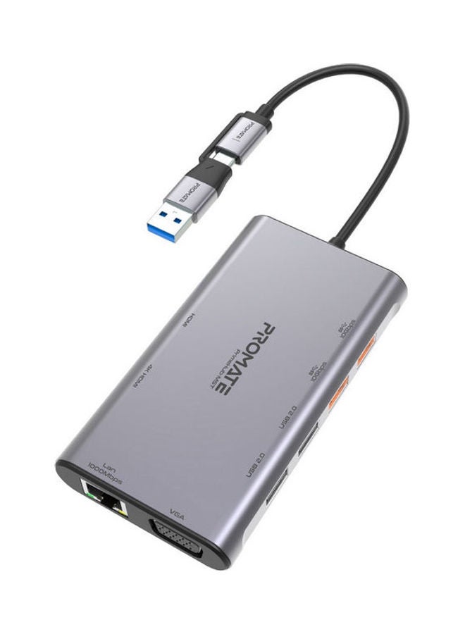 PROMATE - USB-C Media Hub Premium 4K Triple Display Aluminum Hub With Dual HDMI VGA Port 1000Mbps Ethernet 20W Power Delivery And Sync Charge USB Ports For Windows OS Silver - Image 1