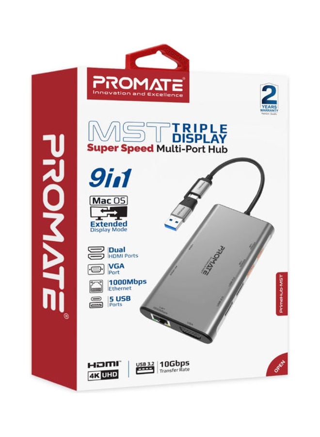 PROMATE - USB-C Media Hub Premium 4K Triple Display Aluminum Hub With Dual HDMI VGA Port 1000Mbps Ethernet 20W Power Delivery And Sync Charge USB Ports For Windows OS Silver - Image 1