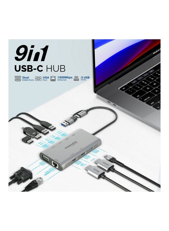 PROMATE - USB-C Media Hub Premium 4K Triple Display Aluminum Hub With Dual HDMI VGA Port 1000Mbps Ethernet 20W Power Delivery And Sync Charge USB Ports For Windows OS Silver - Image 1