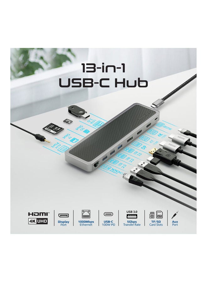 PROMATE - USB-C Hub 13 In 1 Multi-Display Hub With Dual 4K HDMI 4K Display Port 1000Mbps LAN 100W Power Delivery Aux SD TF Card Slot USB 3.0 Black - Image 1