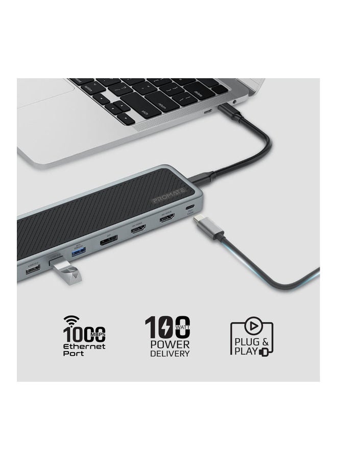PROMATE - USB-C Hub 13 In 1 Multi-Display Hub With Dual 4K HDMI 4K Display Port 1000Mbps LAN 100W Power Delivery Aux SD TF Card Slot USB 3.0 Black - Image 1